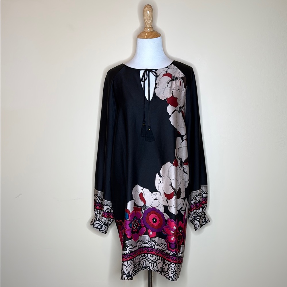 Trina Turk Black and Pink Floral Long Sleeve Dress